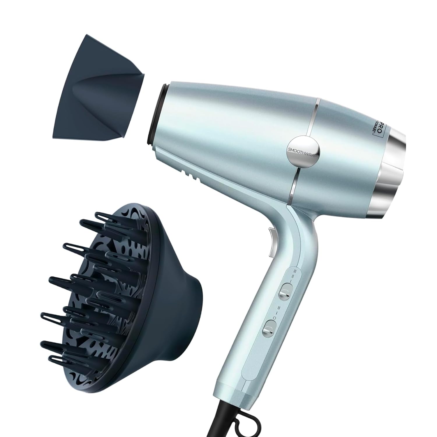 A metallic blue hair dryer with two black attachments: a concentrator nozzle and a diffuser, shown against a white background. The dryer has a sleek design with visible control buttons on the handle.
