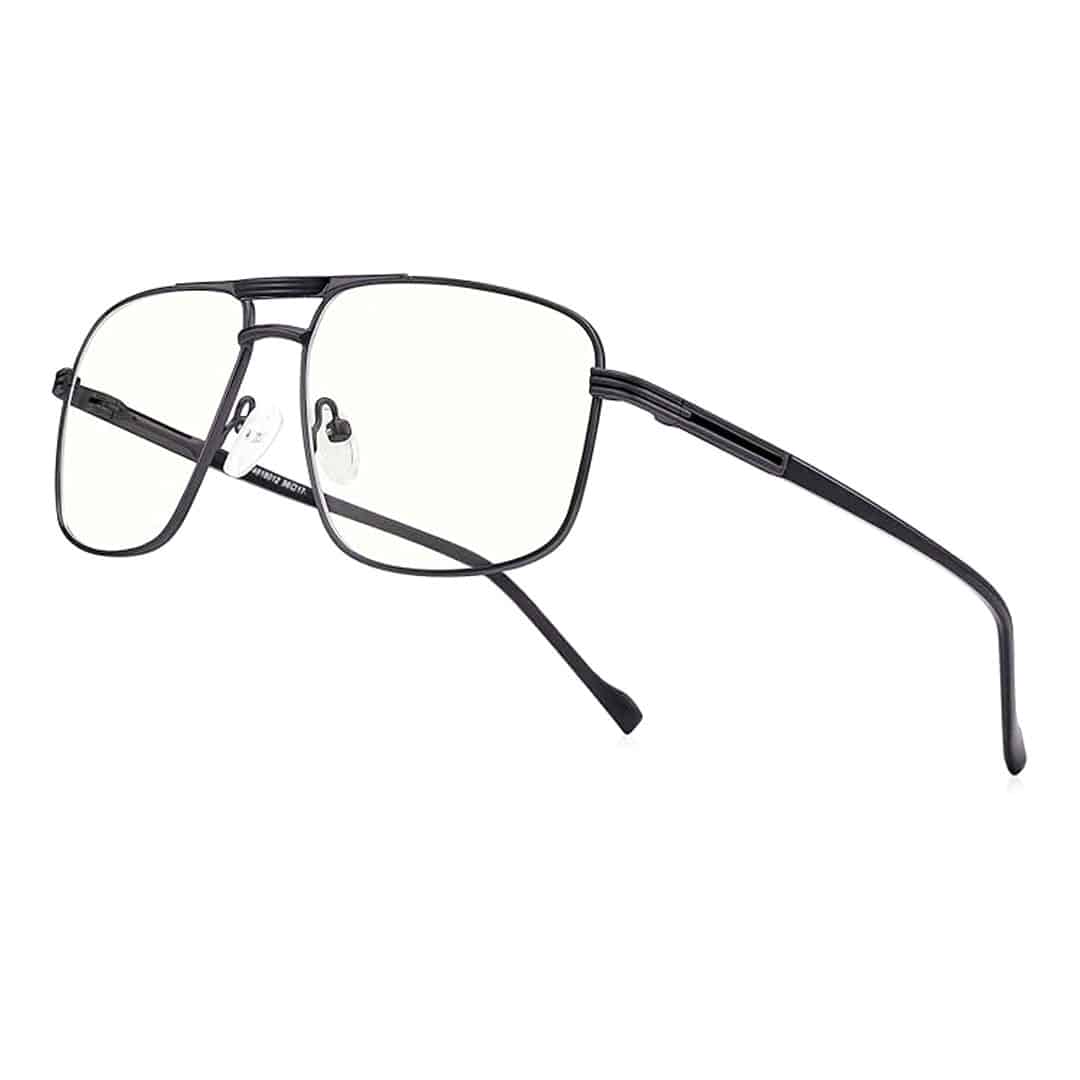A pair of black aviator-style eyeglasses with clear lenses, thin metal frames, and adjustable nose pads, shown on a white background.