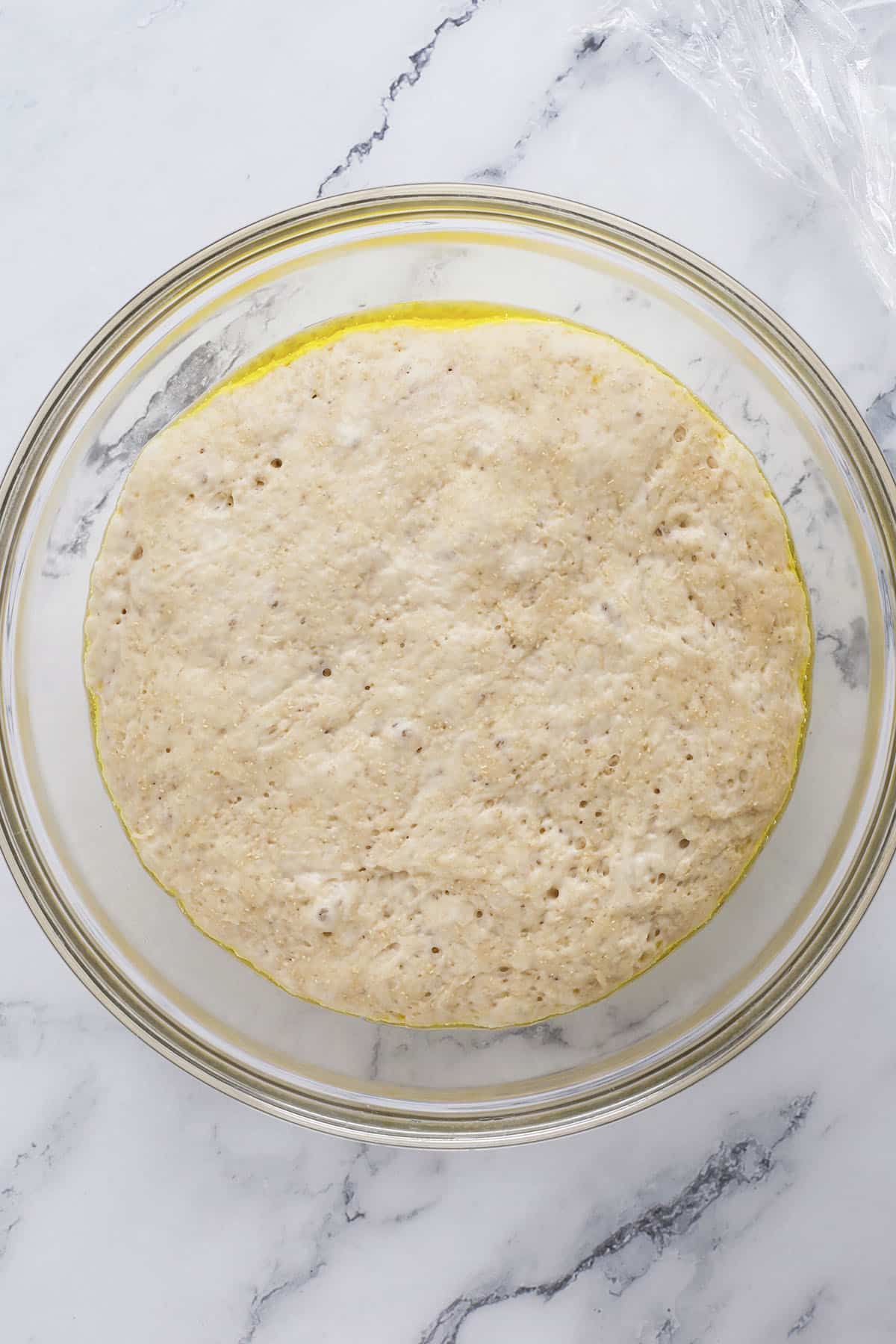 A glass bowl filled with risen, bubbly bread dough for cheddar garlic bagels sits on a marble countertop, with a thin layer of oil visible around the dough's edge—perfect for those learning how to make bagels at home.