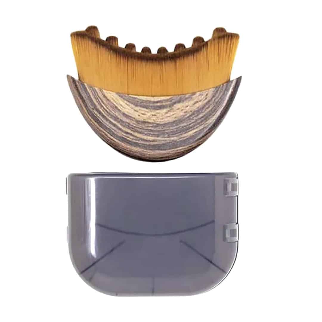 A wooden beard shaping tool with teeth and a curved edge is shown above a gray plastic storage case on a white background.