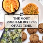 A collage of four dishes: cornbread in a skillet, macaroni and beef on a plate, roasted broccoli on a baking sheet, and several gingersnap cookies, with text reading The Most Popular Recipes of All Time.