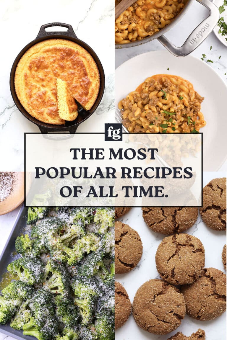 A collage of four dishes: cornbread in a skillet, macaroni and beef on a plate, roasted broccoli on a baking sheet, and several gingersnap cookies, with text reading The Most Popular Recipes of All Time.