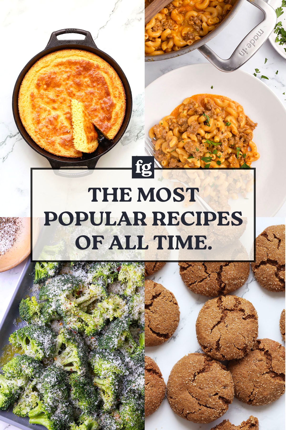 A collage of four dishes: cornbread in a skillet, macaroni and beef on a plate, roasted broccoli on a baking sheet, and several gingersnap cookies, with text reading The Most Popular Recipes of All Time.