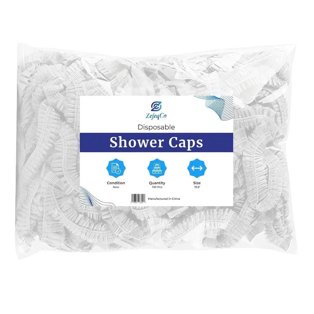 A clear plastic bag containing 100 white disposable shower caps. The label reads ZefeyCo Disposable Shower Caps with icons showing condition as new, quantity 100 pieces, and size 19.7 inches. Perfect for keeping your hair dry whether you’re following the ultimate homemade bread guide or enjoying a relaxing shower.