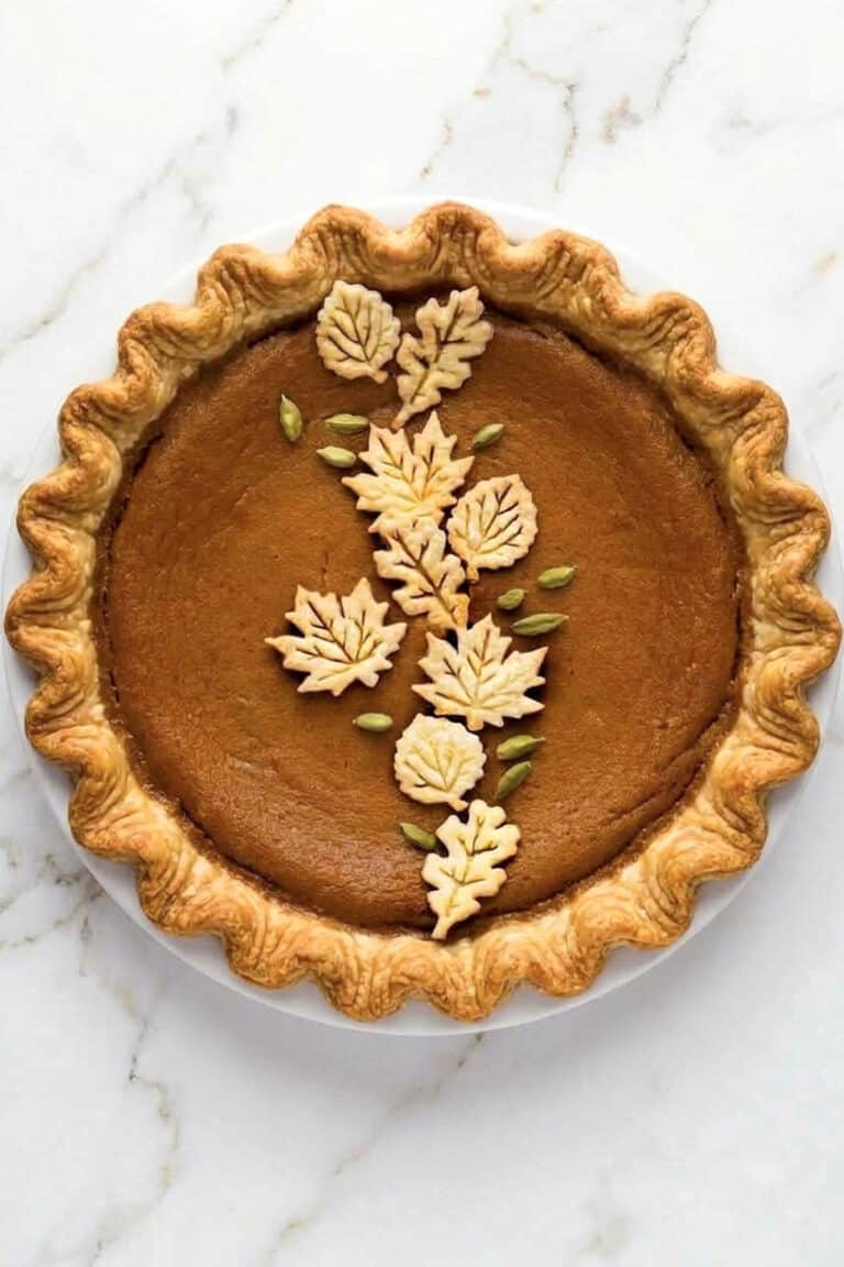 A round pumpkin pie with a crimped crust, decorated with pastry leaves and seeds in a vine pattern, perfect for the best pumpkin recipes.